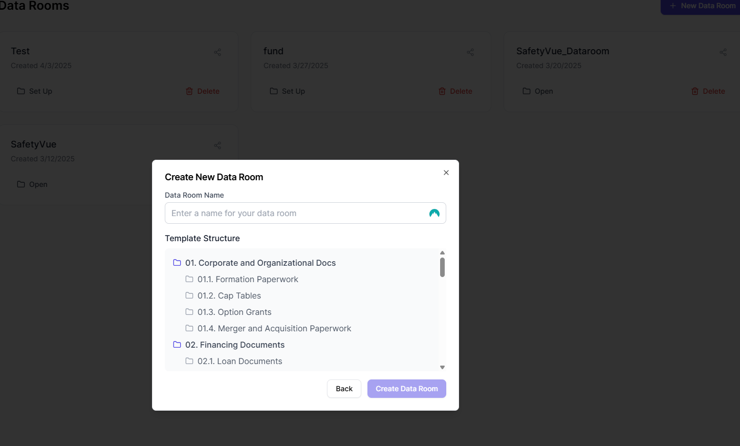 DataVue Screenshot 2 - e.g., Create Data Room